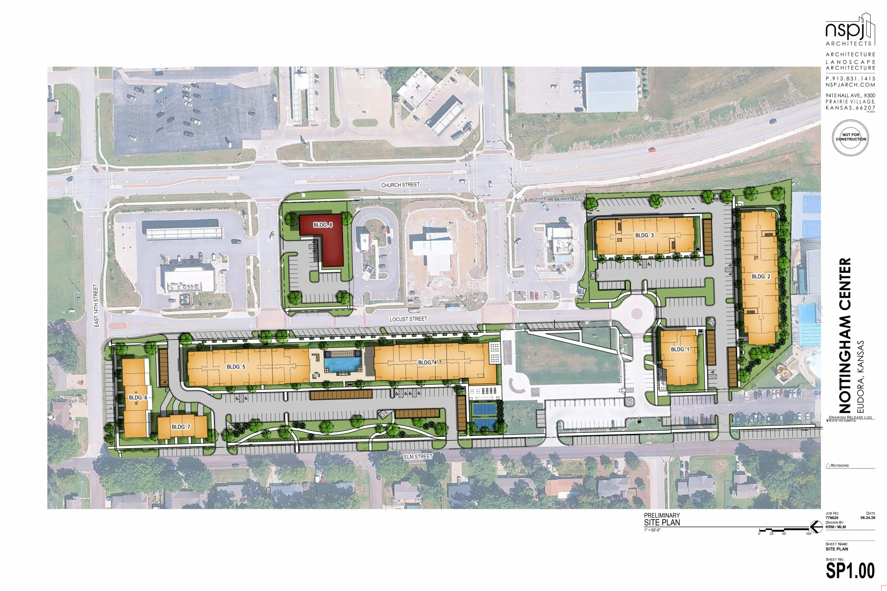 June 24, 2026 preliminary landscape plan for Nottingham Center, showing buildings 1–8, landscaping, and street connections