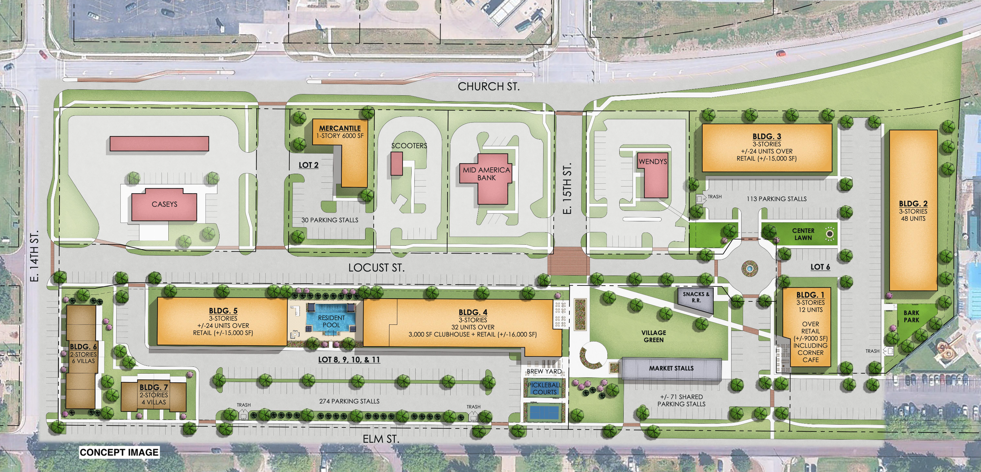 Nottingham Center site plan showing buildings, Village Green, retail spaces, and amenities
