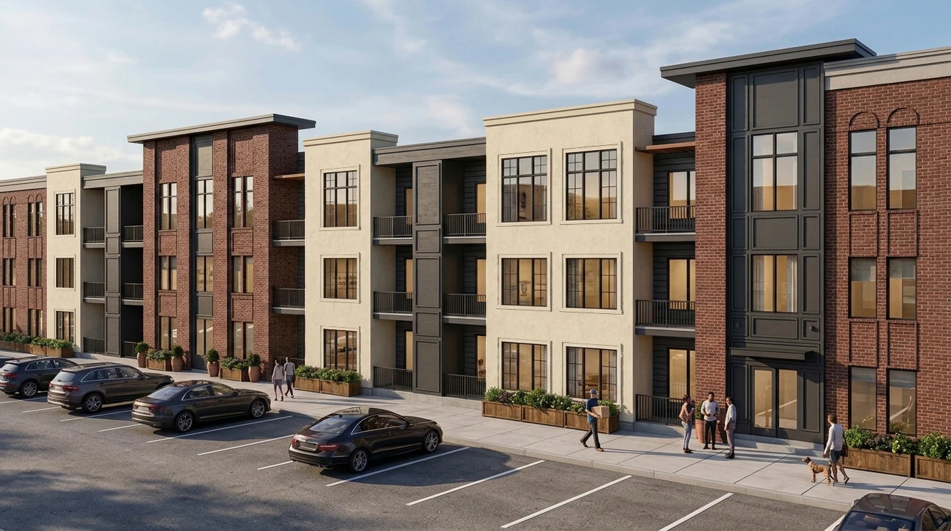 Brick and limestone residences with balconies and landscaped sidewalks