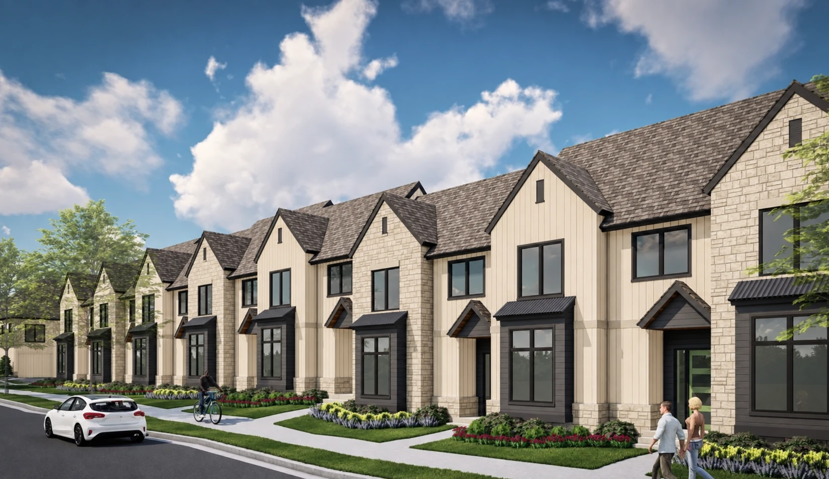 Concept rendering of the proposed Villas at Nottingham with light tan siding and stone facades